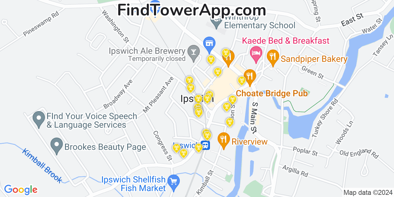 AT&T 4G/5G cell tower coverage map Ipswich, Massachusetts