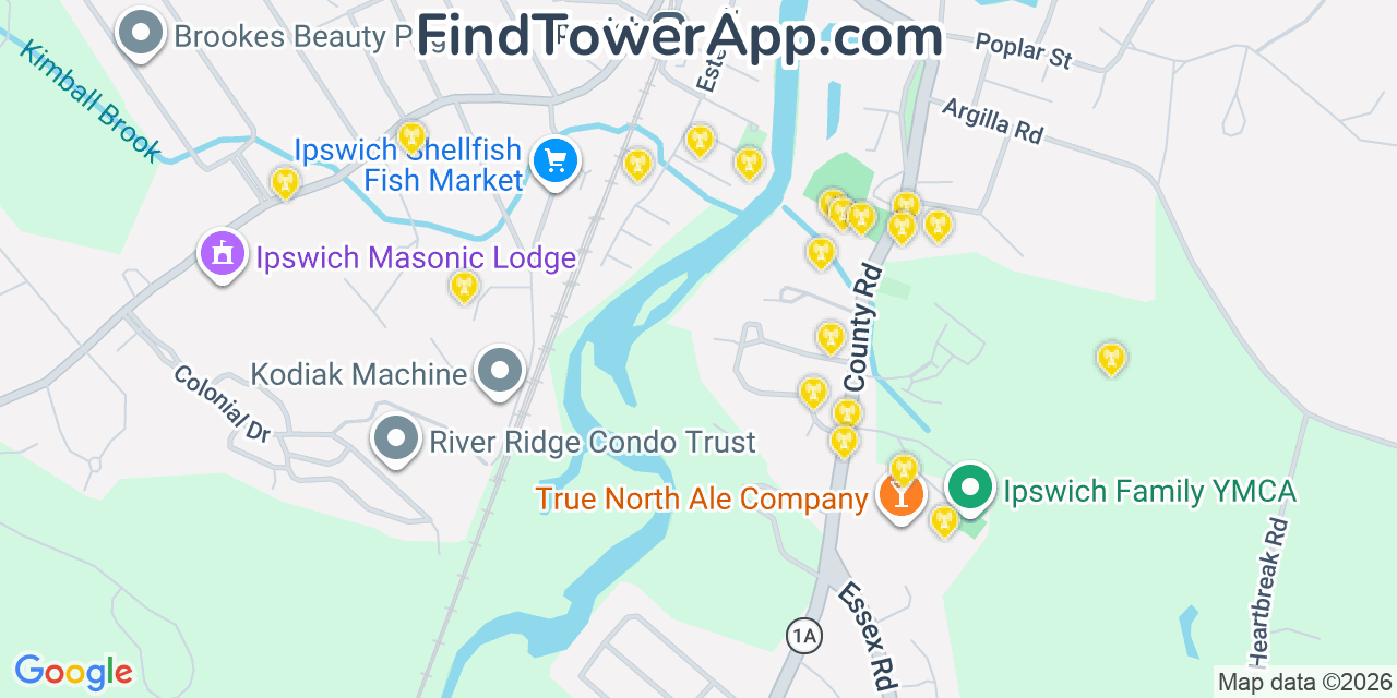 Map showing the 20 primary cell tower locations detected in Ipswich, Massachusetts from AT&T, Verizon, and T-Mobile networks
