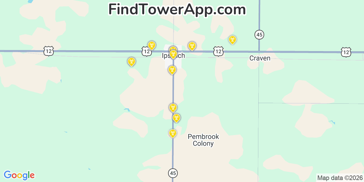 Map showing the 20 primary cell tower locations detected in Ipswich, South Dakota from AT&T, Verizon, and T-Mobile networks