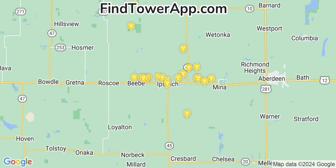 Verizon 4G/5G cell tower coverage map Ipswich, South Dakota