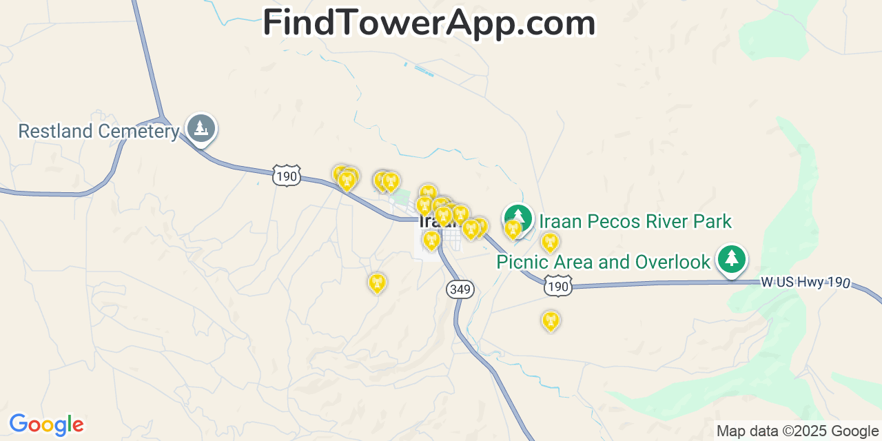 Map showing the 20 primary cell tower locations detected in Iraan, Texas from AT&T, Verizon, and T-Mobile networks