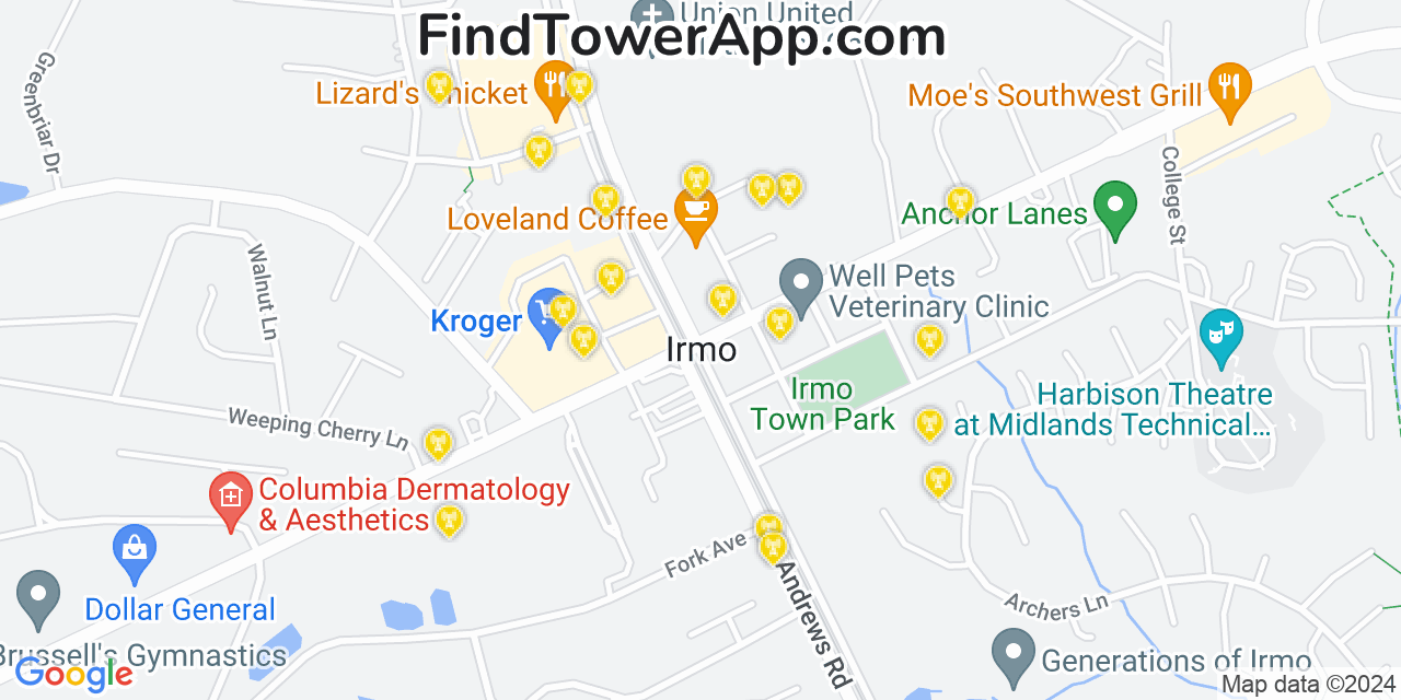 AT&T 4G/5G cell tower coverage map Irmo, South Carolina