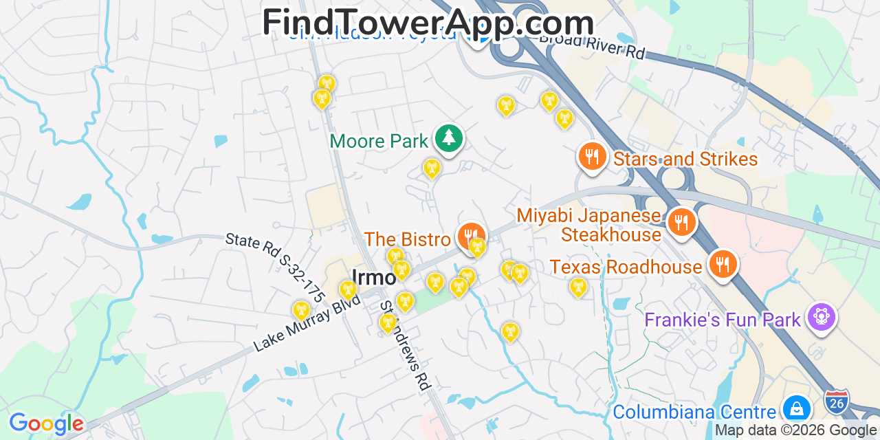 Map showing the 20 primary cell tower locations detected in Irmo, South Carolina from AT&T, Verizon, and T-Mobile networks