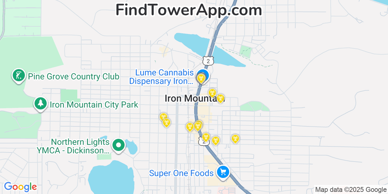 Map showing the 20 primary cell tower locations detected in Iron Mountain, Michigan from AT&T, Verizon, and T-Mobile networks