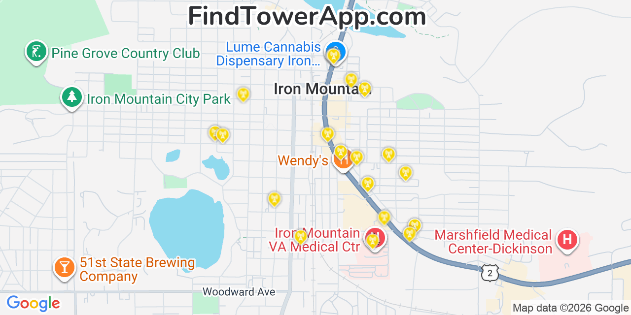 Map showing the 20 primary cell tower locations detected in Iron Mountain, Michigan from AT&T, Verizon, and T-Mobile networks