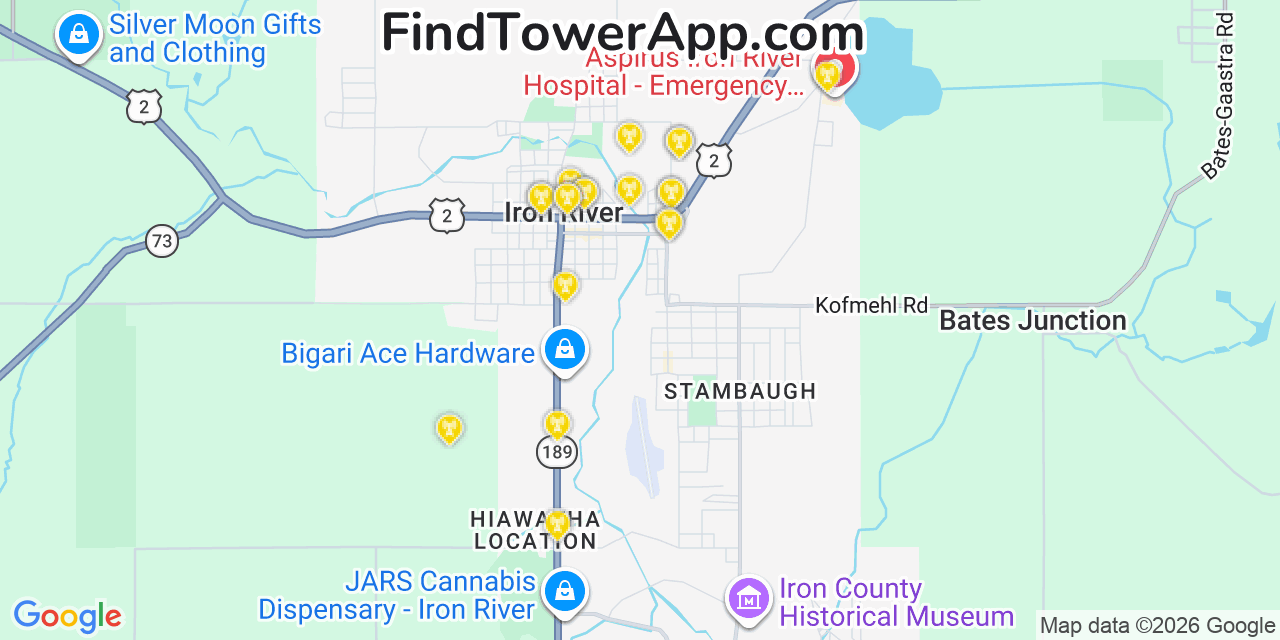 Map showing the 20 primary cell tower locations detected in Iron River, Michigan from AT&T, Verizon, and T-Mobile networks