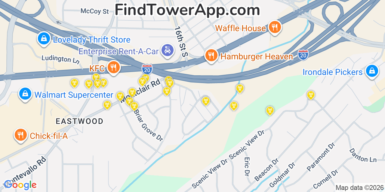 Map showing the 20 primary cell tower locations detected in Irondale, Alabama from AT&T, Verizon, and T-Mobile networks