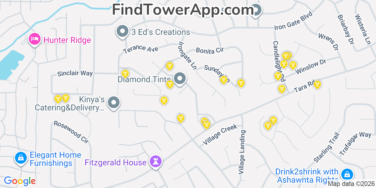 Map showing the 20 primary cell tower locations detected in Irondale, Georgia from AT&T, Verizon, and T-Mobile networks