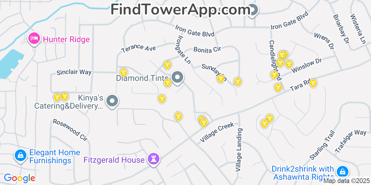 Map showing the 20 primary Mobitel cell tower locations detected in Irondale, Georgia with coverage radius and signal strength indicators