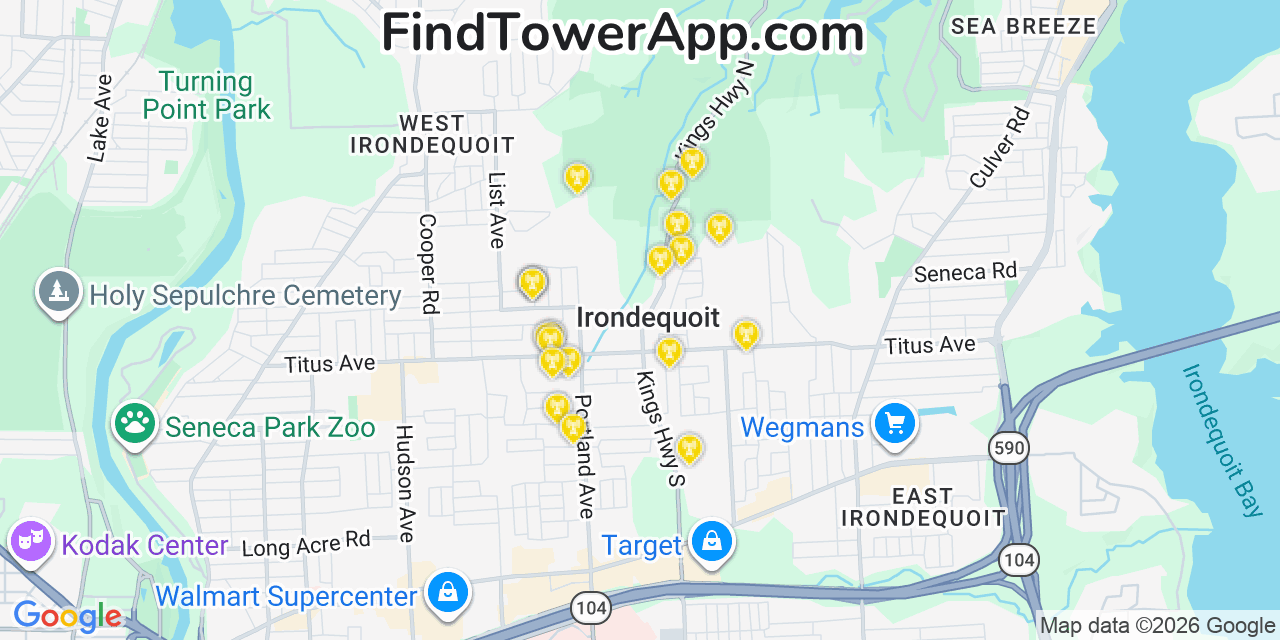 Map showing the 20 primary cell tower locations detected in Irondequoit, New York from AT&T, Verizon, and T-Mobile networks
