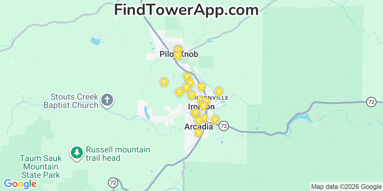 Map showing the 20 primary cell tower locations detected in Ironton, Missouri from AT&T, Verizon, and T-Mobile networks