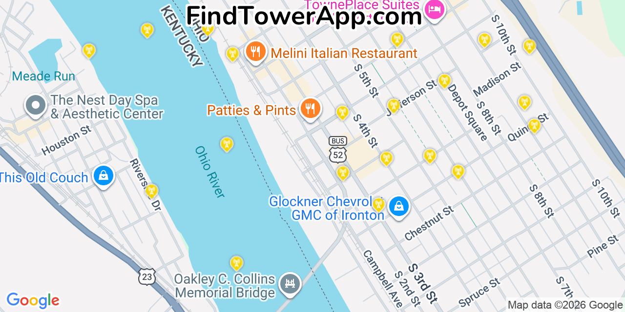 Map showing the 20 primary cell tower locations detected in Ironton, Ohio from AT&T, Verizon, and T-Mobile networks