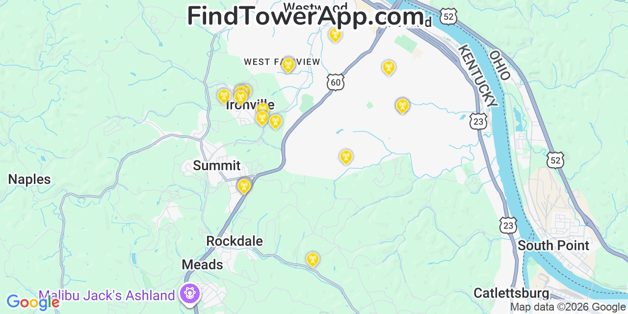 Map showing the 20 primary cell tower locations detected in Ironville, Kentucky from AT&T, Verizon, and T-Mobile networks