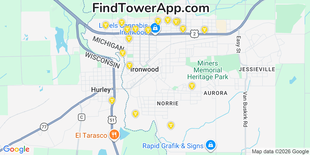 Map showing the 20 primary cell tower locations detected in Ironwood, Michigan from AT&T, Verizon, and T-Mobile networks