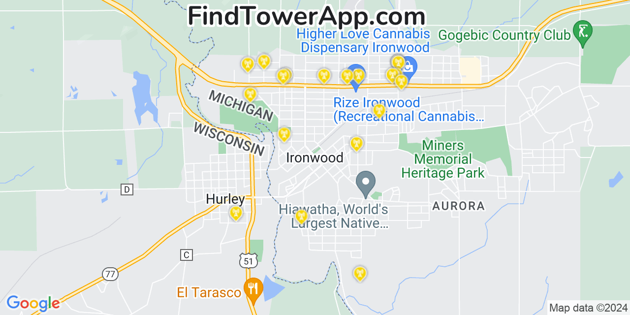 Verizon 4G/5G cell tower coverage map Ironwood, Michigan