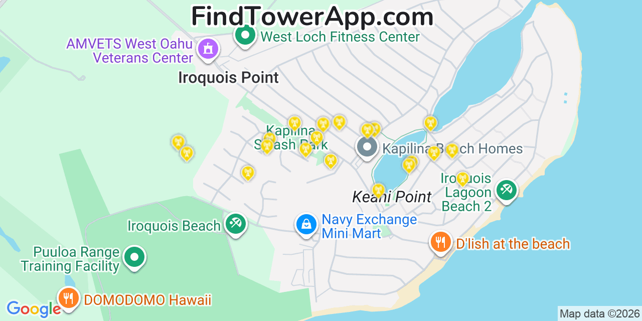 Map showing the 20 primary cell tower locations detected in Iroquois Point, Hawaii from AT&T, Verizon, and T-Mobile networks