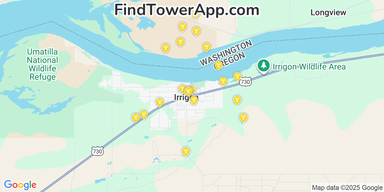 Map showing the 20 primary cell tower locations detected in Irrigon, Oregon from AT&T, Verizon, and T-Mobile networks