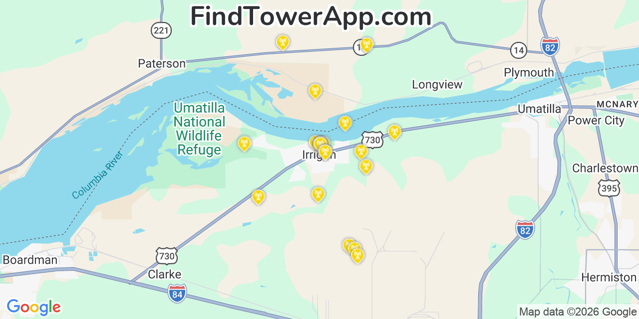 Map showing the 20 primary cell tower locations detected in Irrigon, Oregon from AT&T, Verizon, and T-Mobile networks