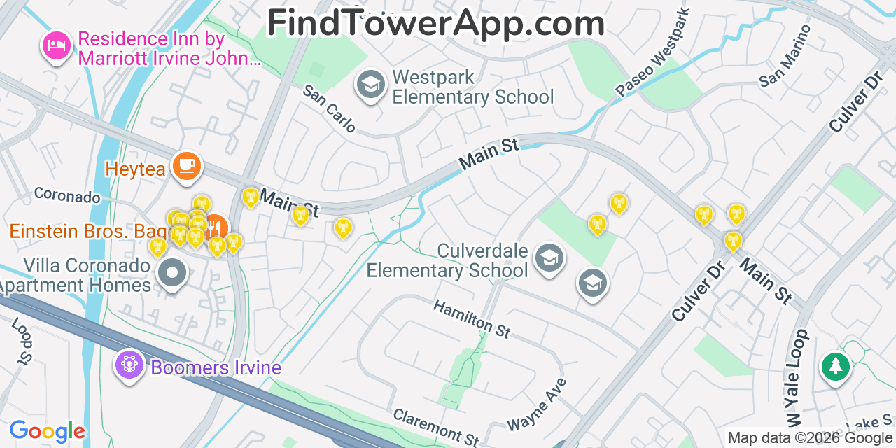 Map showing the 20 primary cell tower locations detected in Irvine, California from AT&T, Verizon, and T-Mobile networks
