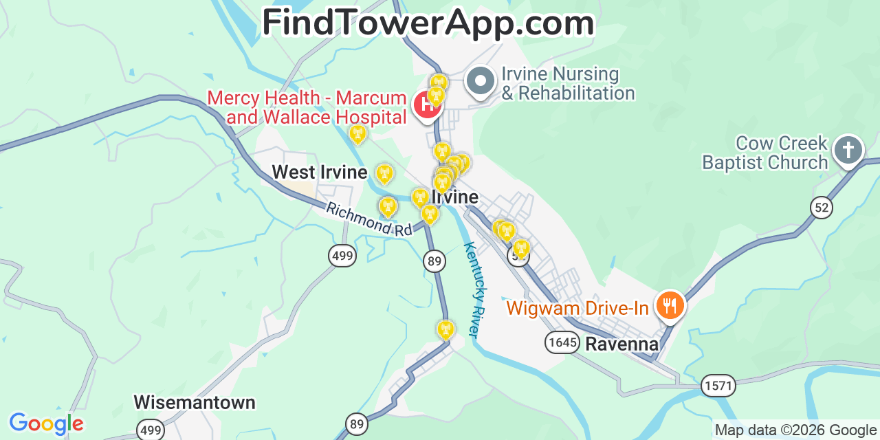 Map showing the 20 primary cell tower locations detected in Irvine, Kentucky from AT&T, Verizon, and T-Mobile networks