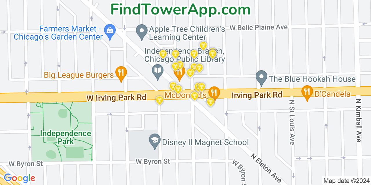 AT&T 4G/5G cell tower coverage map Irving Park, Illinois