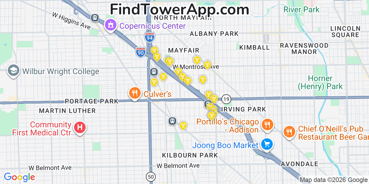 Map showing the 20 primary cell tower locations detected in Irving Park, Illinois from AT&T, Verizon, and T-Mobile networks