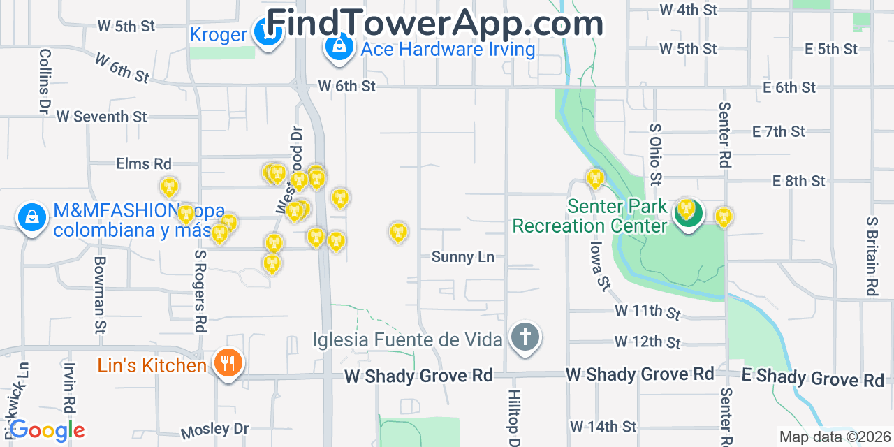 Map showing the 20 primary cell tower locations detected in Irving, Texas from AT&T, Verizon, and T-Mobile networks