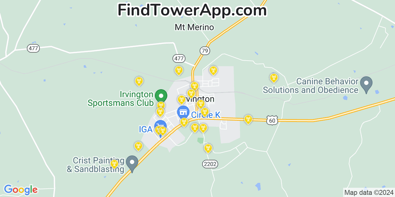 AT&T 4G/5G cell tower coverage map Irvington, Kentucky