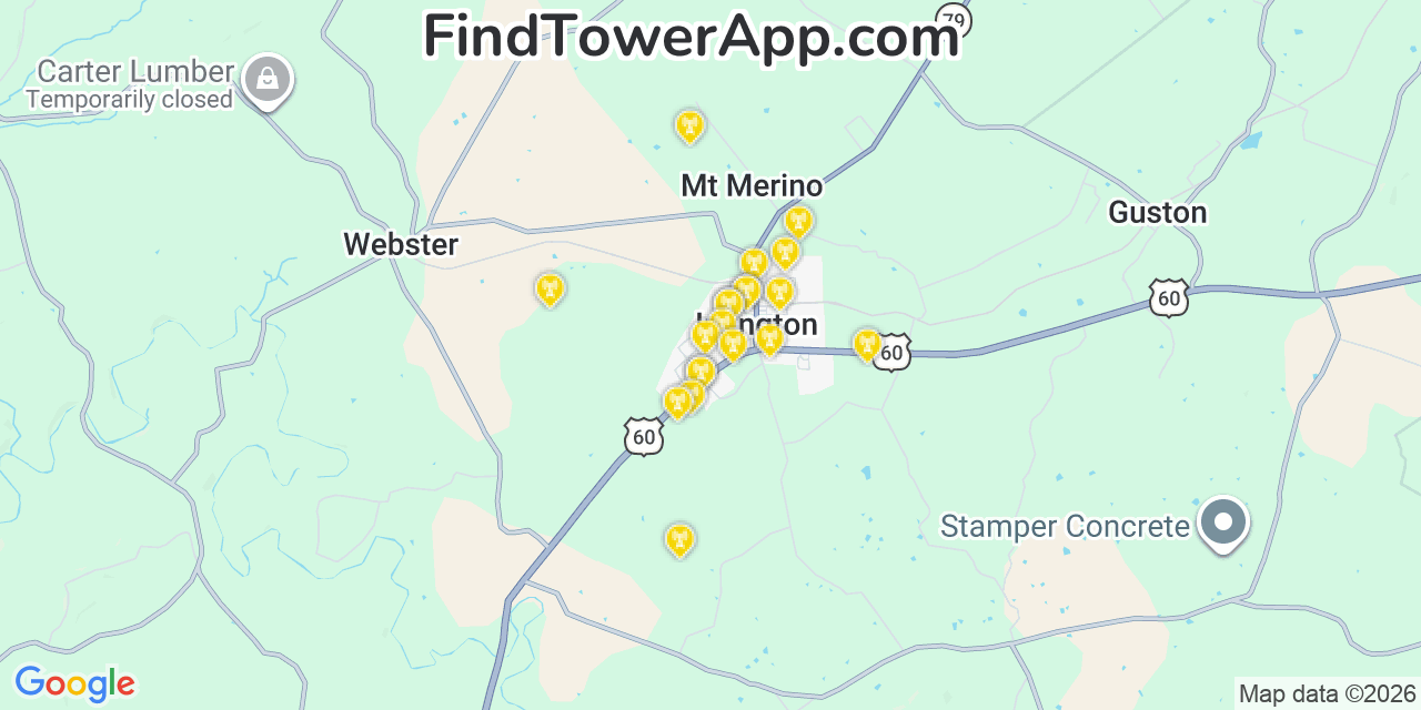 Map showing the 20 primary cell tower locations detected in Irvington, Kentucky from AT&T, Verizon, and T-Mobile networks