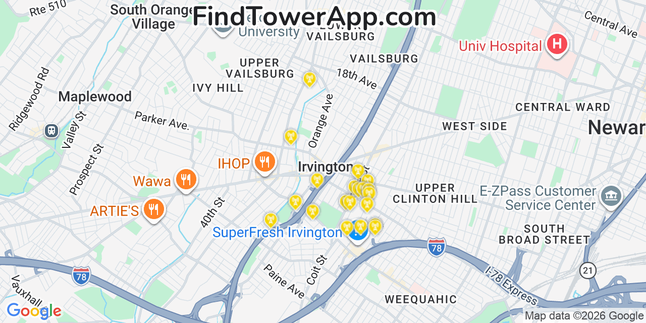 Map showing the 20 primary cell tower locations detected in Irvington, New Jersey from AT&T, Verizon, and T-Mobile networks