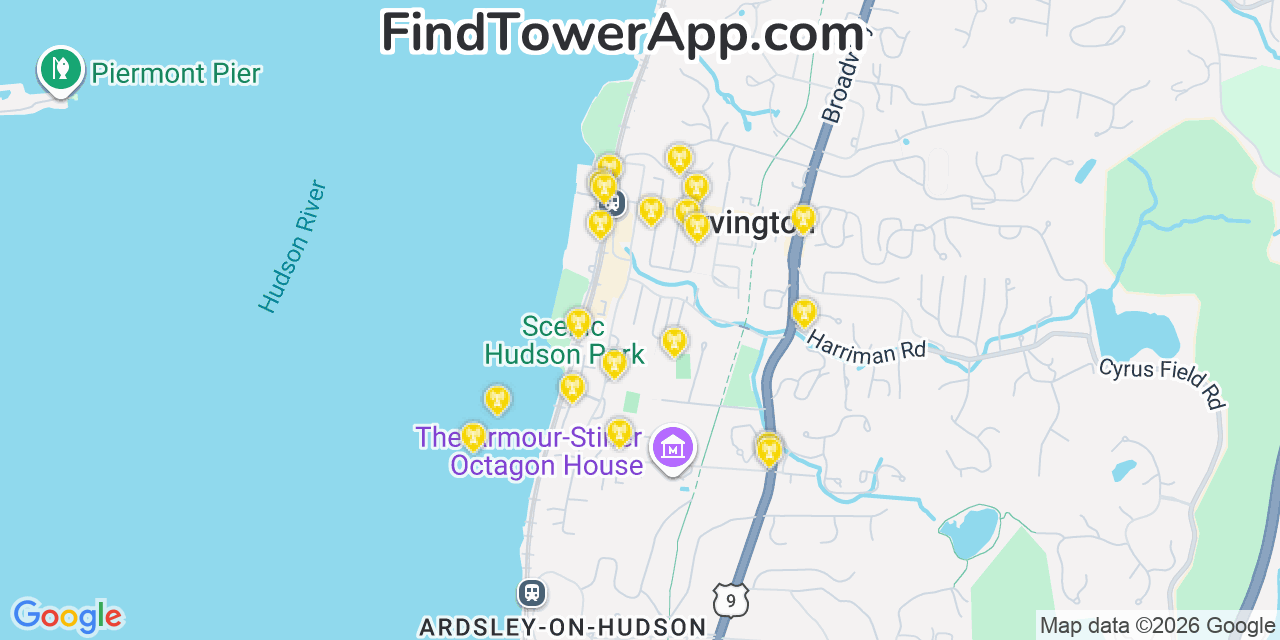 Map showing the 20 primary cell tower locations detected in Irvington, New York from AT&T, Verizon, and T-Mobile networks