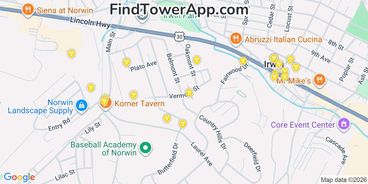 Map showing the 20 primary cell tower locations detected in Irwin, Pennsylvania from AT&T, Verizon, and T-Mobile networks