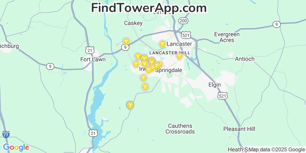 Map showing the 20 primary cell tower locations detected in Irwin, South Carolina from AT&T, Verizon, and T-Mobile networks