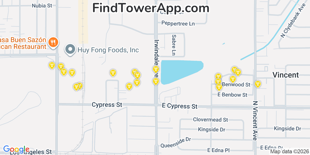 Map showing the 20 primary cell tower locations detected in Irwindale, California from AT&T, Verizon, and T-Mobile networks