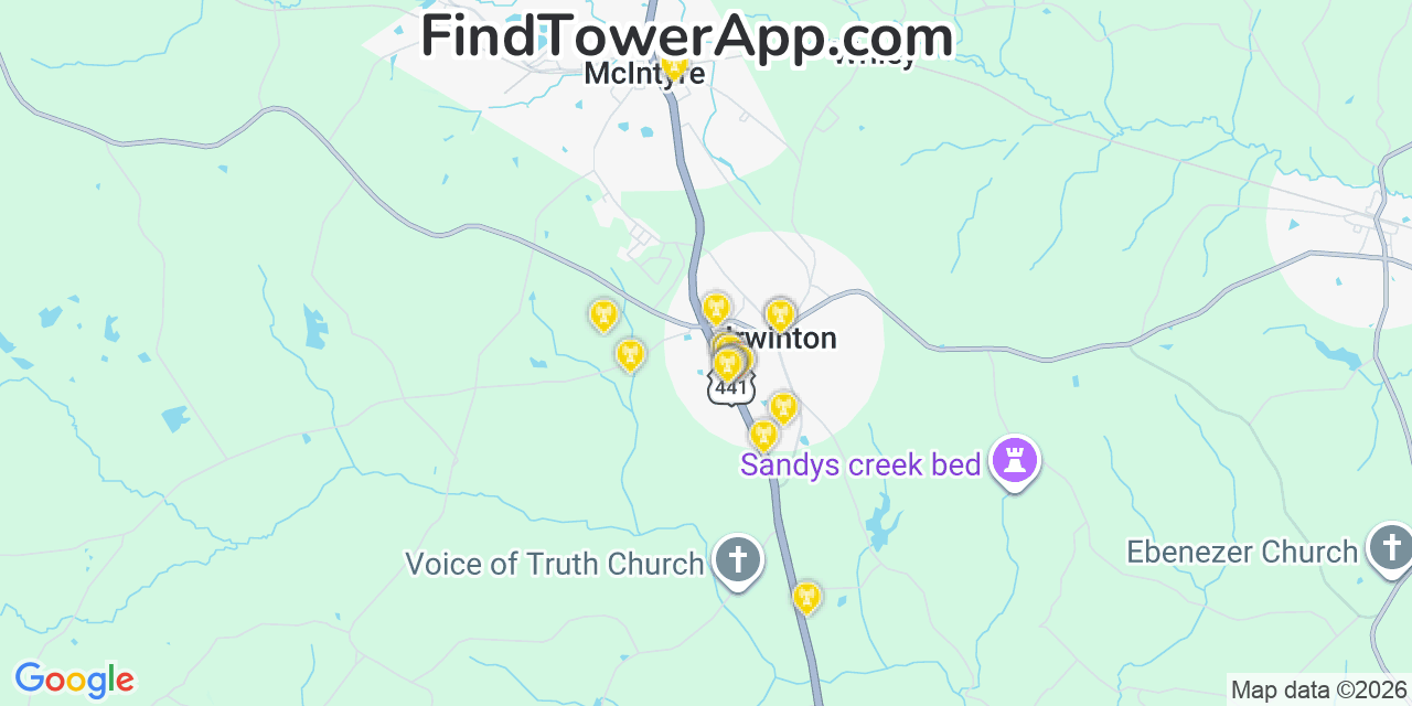 Map showing the 20 primary cell tower locations detected in Irwinton, Georgia from AT&T, Verizon, and T-Mobile networks