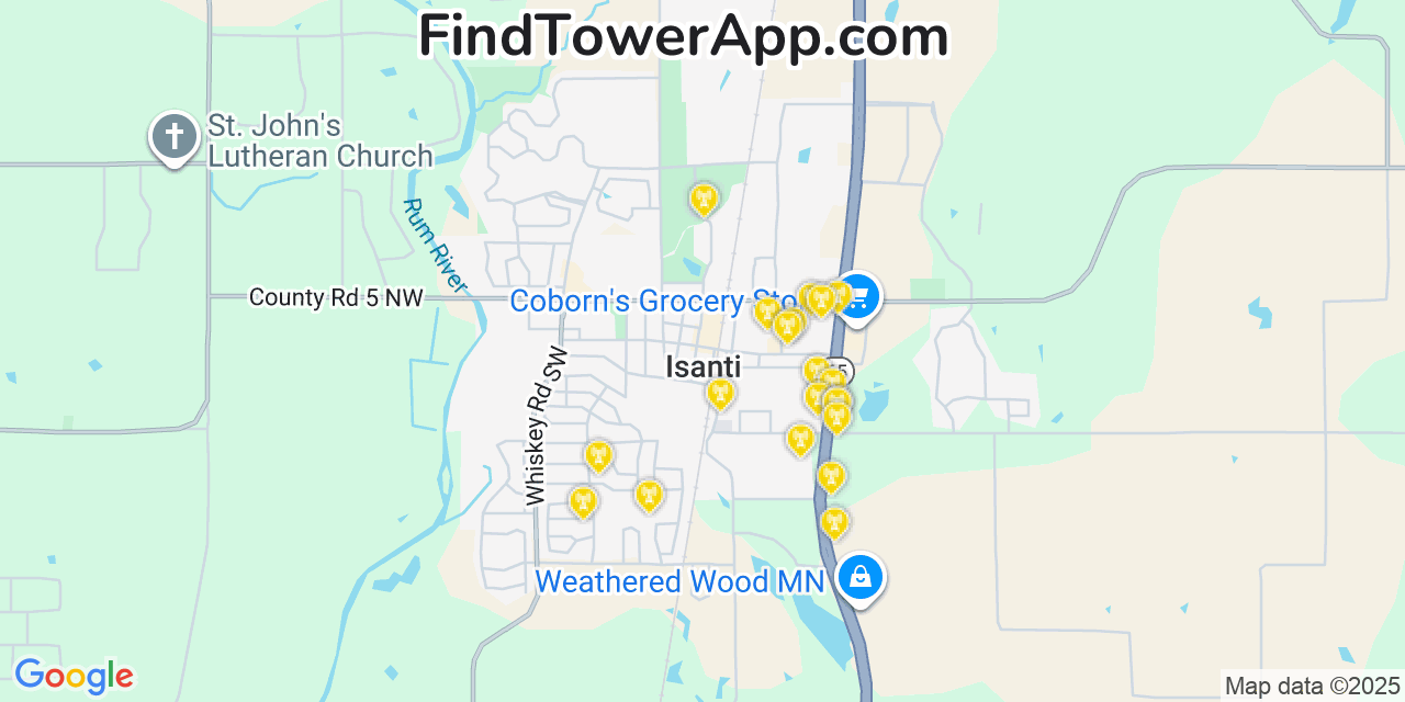 Map showing the 20 primary cell tower locations detected in Isanti, Minnesota from AT&T, Verizon, and T-Mobile networks