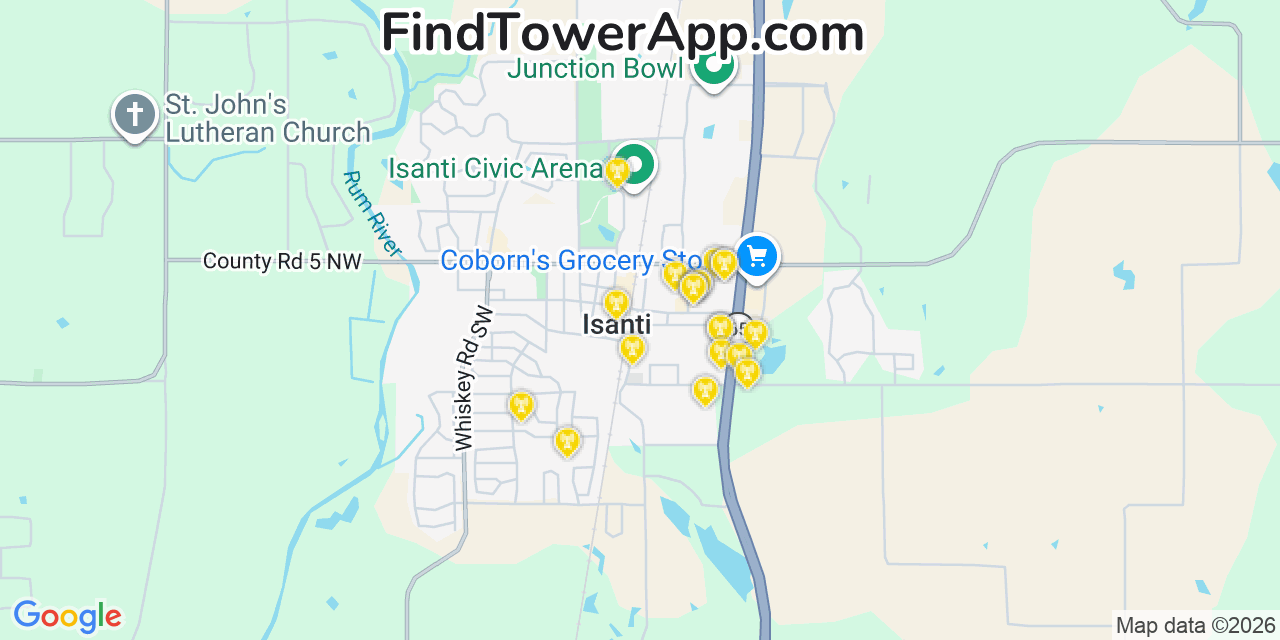 Map showing the 20 primary cell tower locations detected in Isanti, Minnesota from AT&T, Verizon, and T-Mobile networks