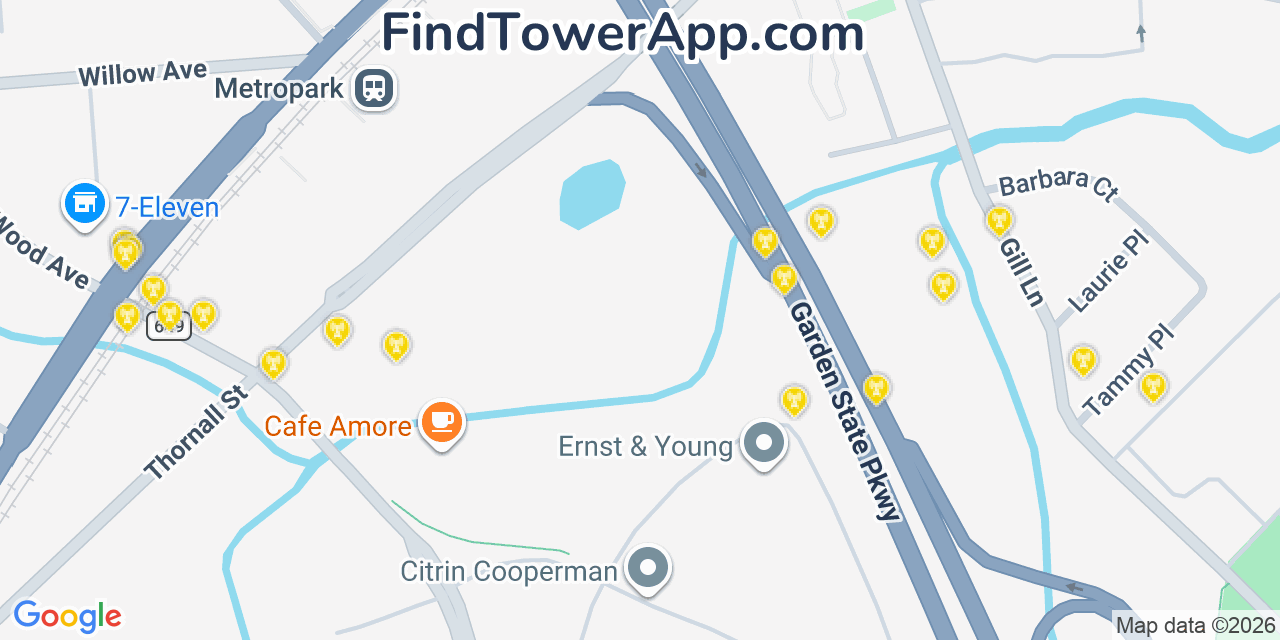 Map showing the 20 primary cell tower locations detected in Iselin, New Jersey from AT&T, Verizon, and T-Mobile networks