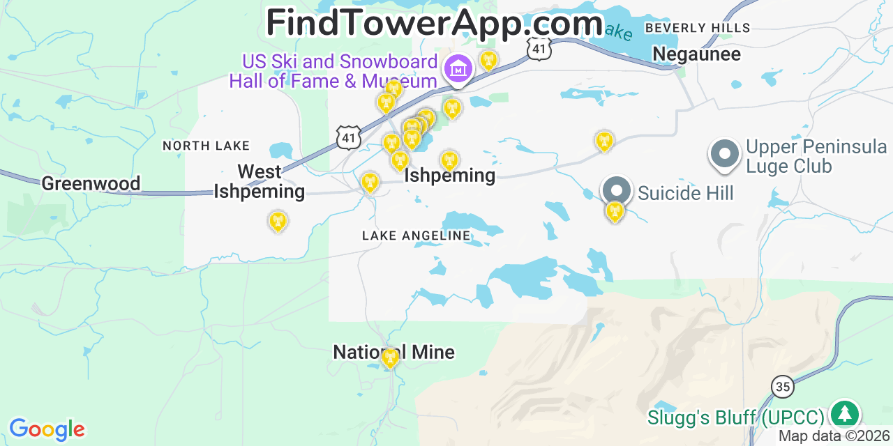 Map showing the 20 primary cell tower locations detected in Ishpeming, Michigan from AT&T, Verizon, and T-Mobile networks