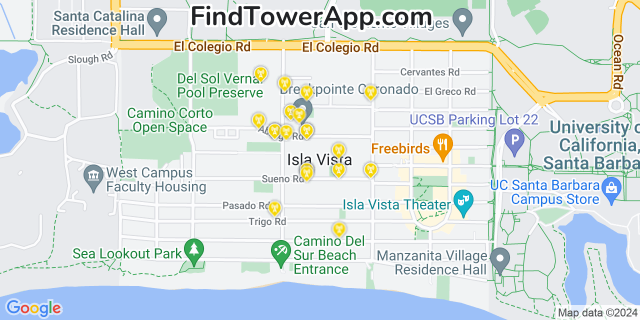 AT&T 4G/5G cell tower coverage map Isla Vista, California