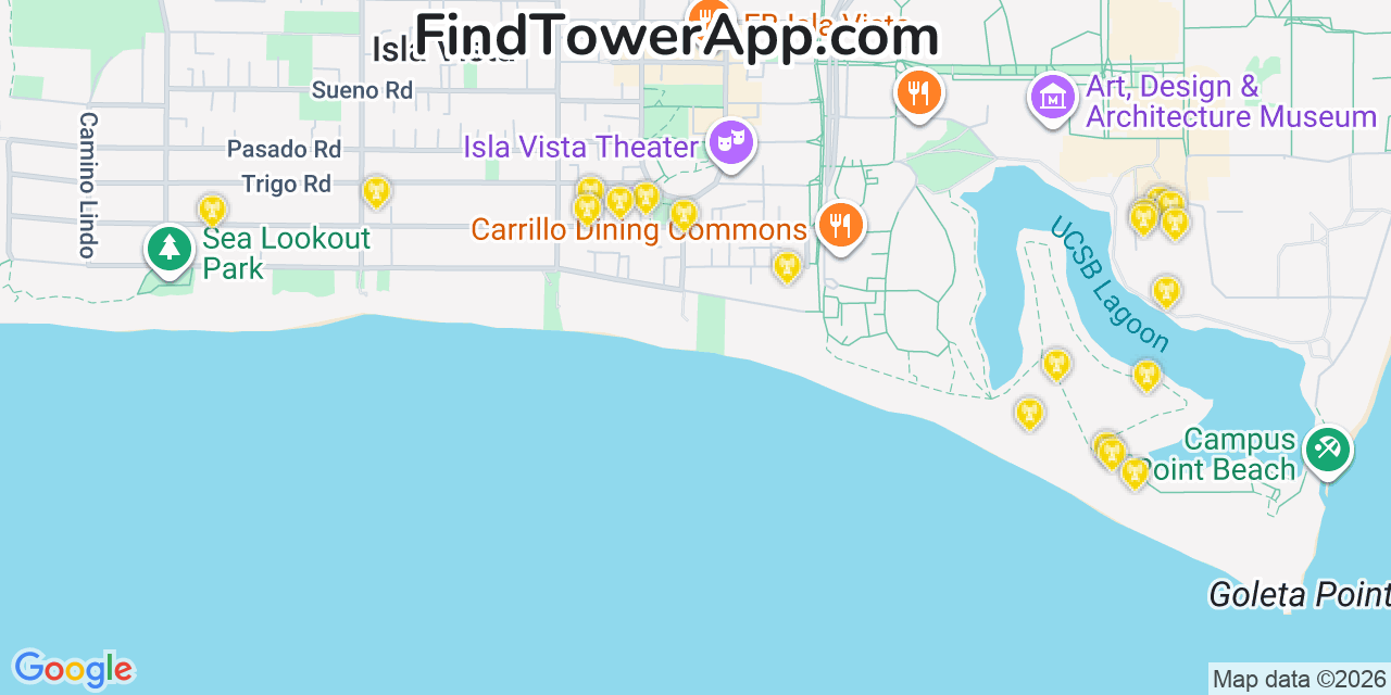 Map showing the 20 primary cell tower locations detected in Isla Vista, California from AT&T, Verizon, and T-Mobile networks
