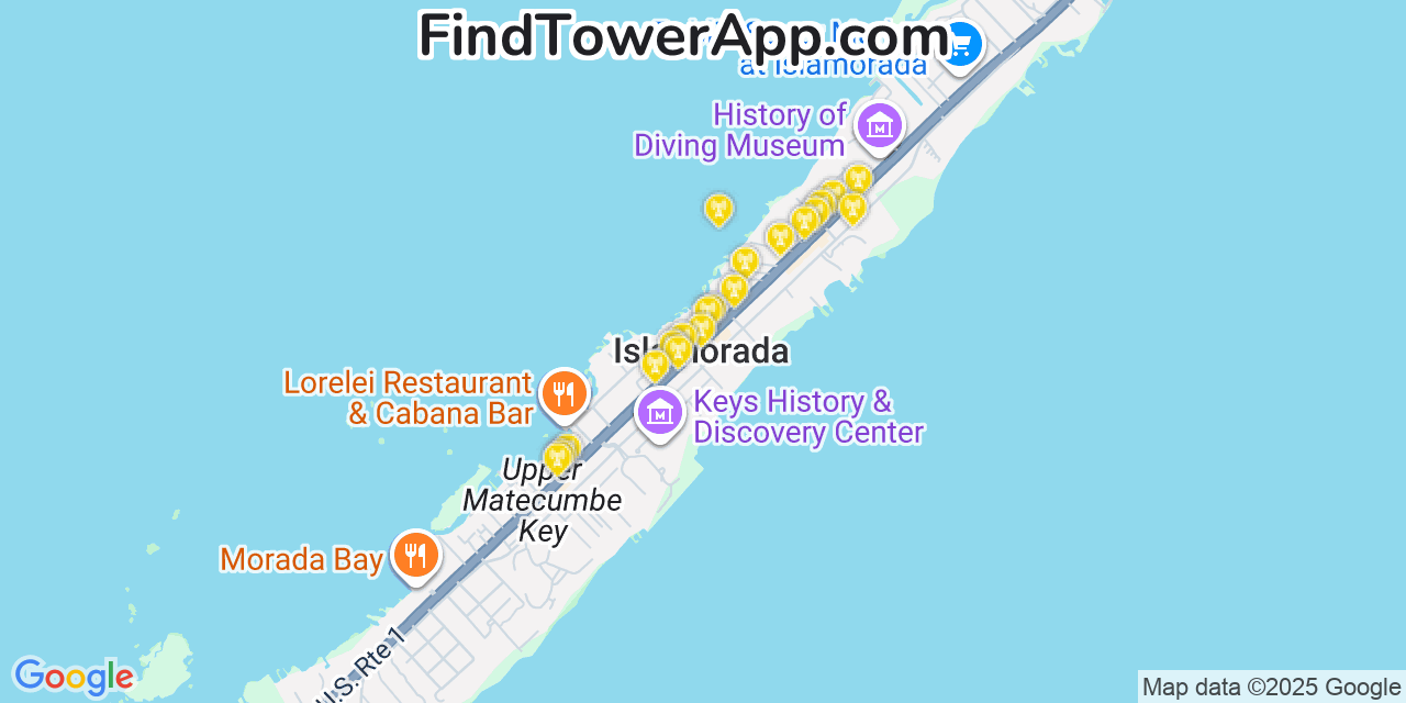 Map showing the 20 primary cell tower locations detected in Islamorada, Florida from AT&T, Verizon, and T-Mobile networks