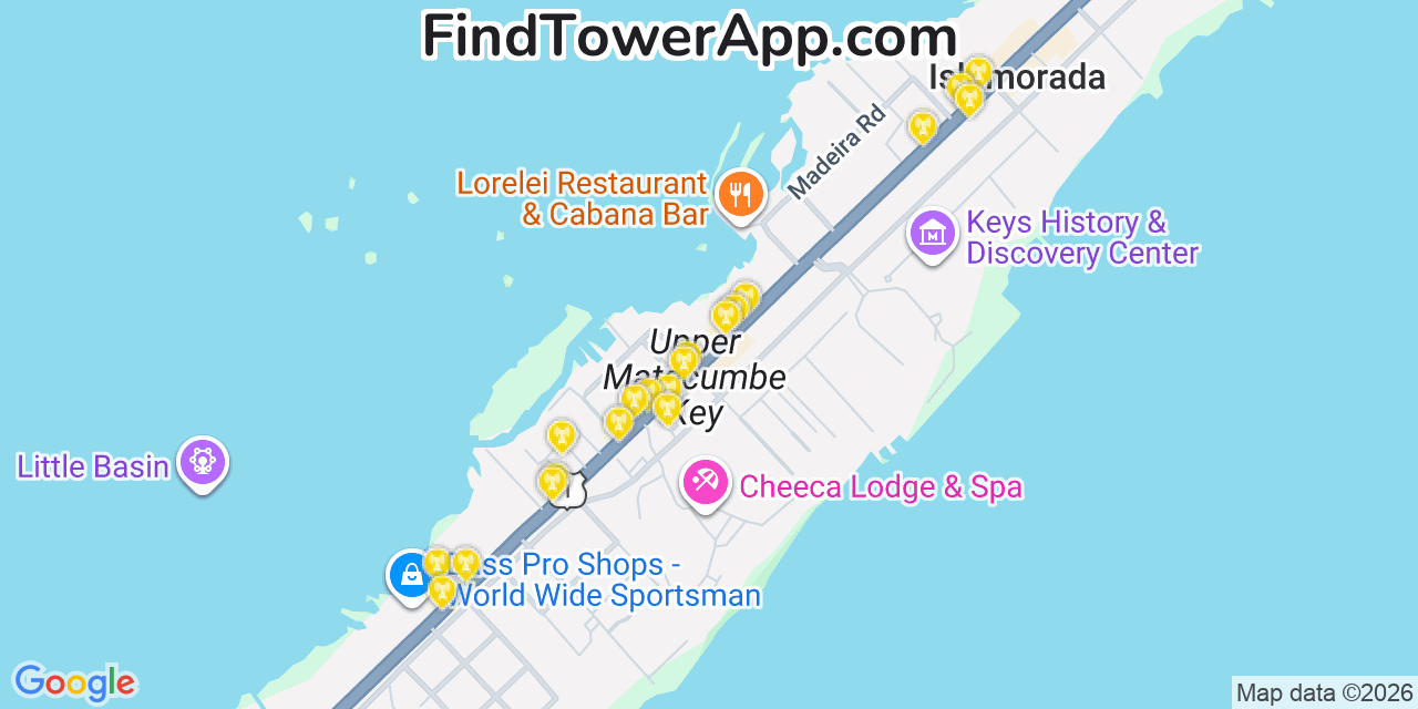Map showing the 20 primary cell tower locations detected in Islamorada, Florida from AT&T, Verizon, and T-Mobile networks