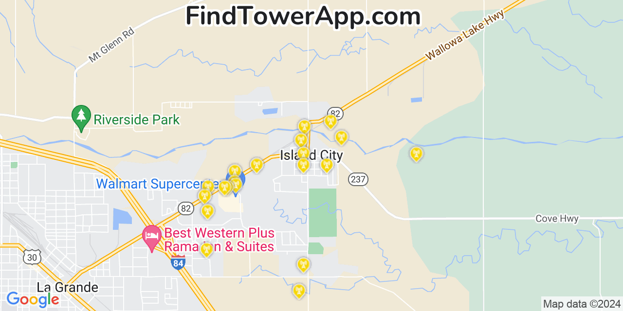 AT&T 4G/5G cell tower coverage map Island City, Oregon