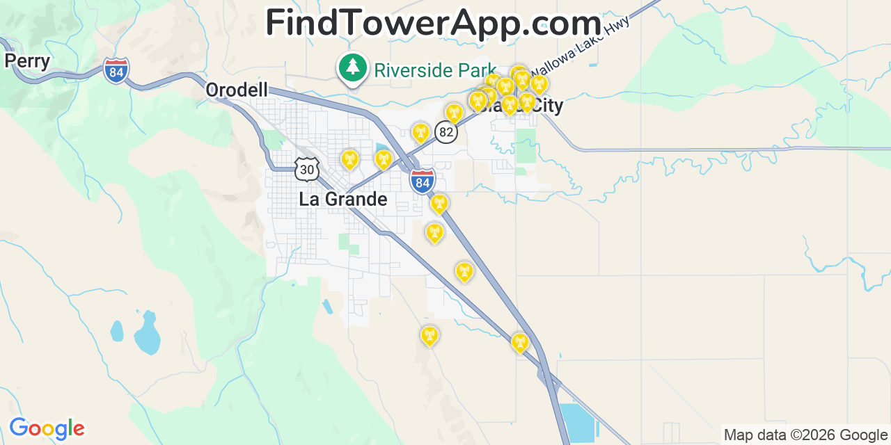 Map showing the 20 primary cell tower locations detected in Island City, Oregon from AT&T, Verizon, and T-Mobile networks