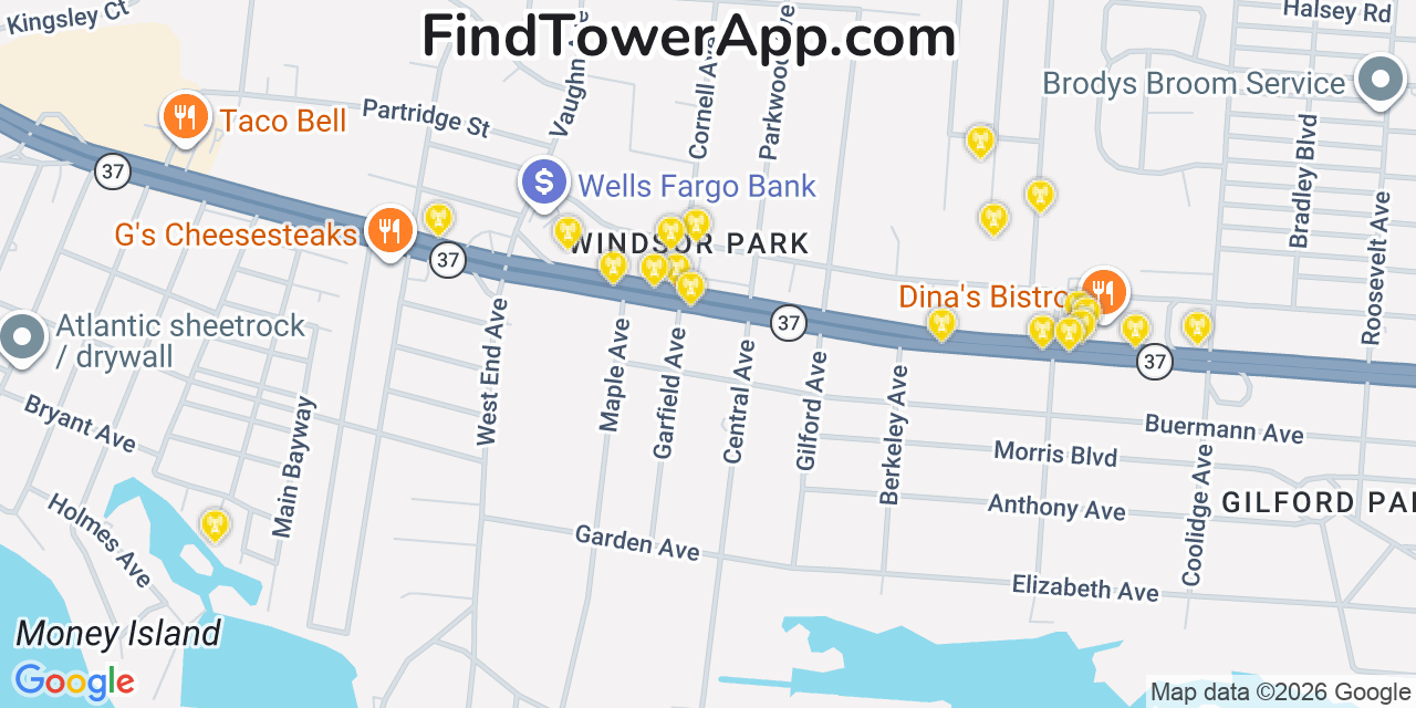 Map showing the 20 primary cell tower locations detected in Island Heights, New Jersey from AT&T, Verizon, and T-Mobile networks