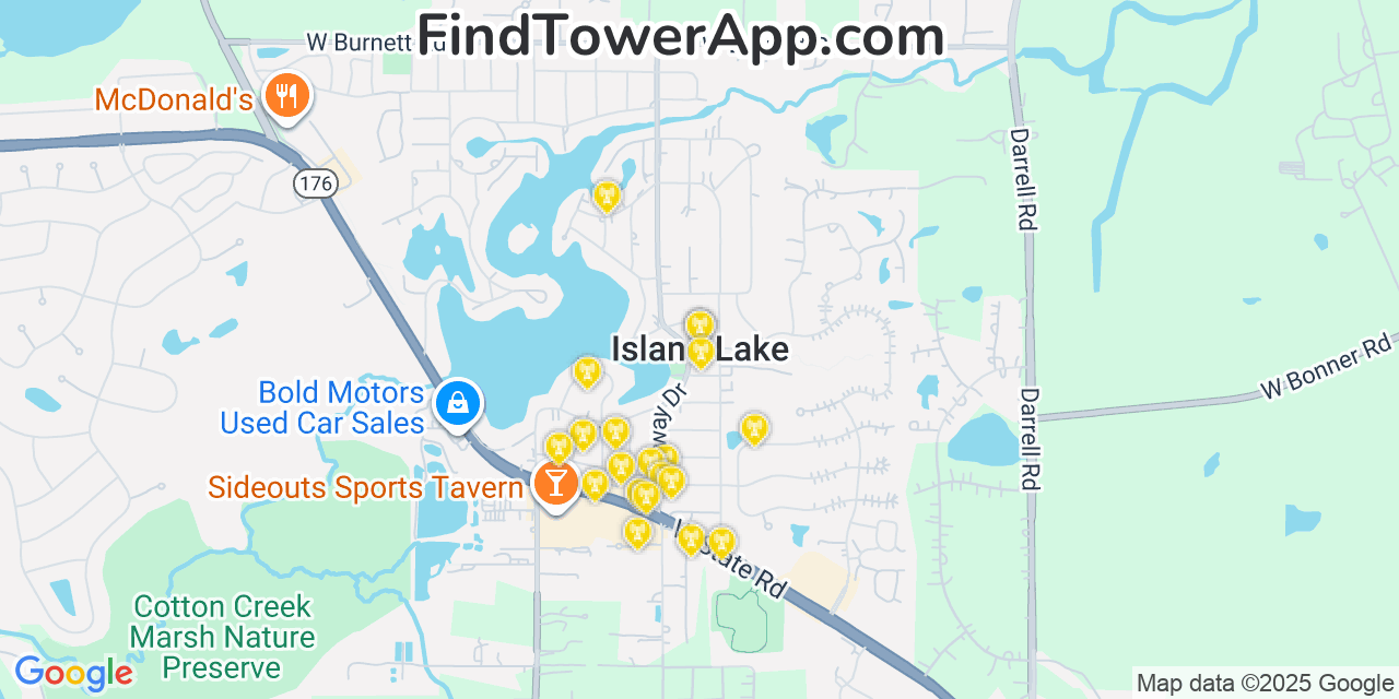 Map showing the 20 primary cell tower locations detected in Island Lake, Illinois from AT&T, Verizon, and T-Mobile networks