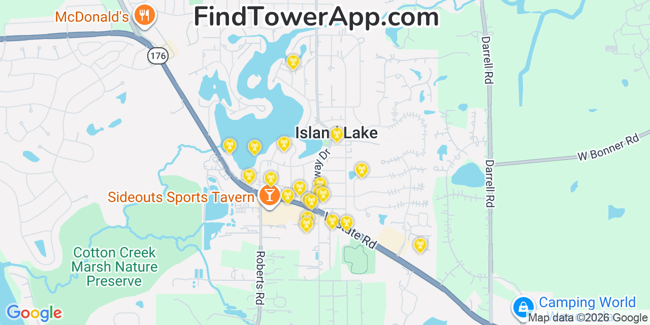 Map showing the 20 primary cell tower locations detected in Island Lake, Illinois from AT&T, Verizon, and T-Mobile networks
