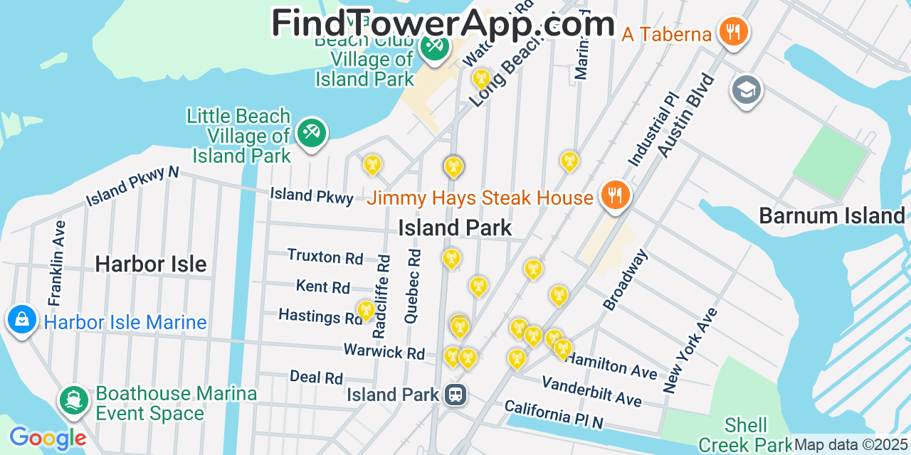 Map showing the 20 primary cell tower locations detected in Island Park, New York from AT&T, Verizon, and T-Mobile networks