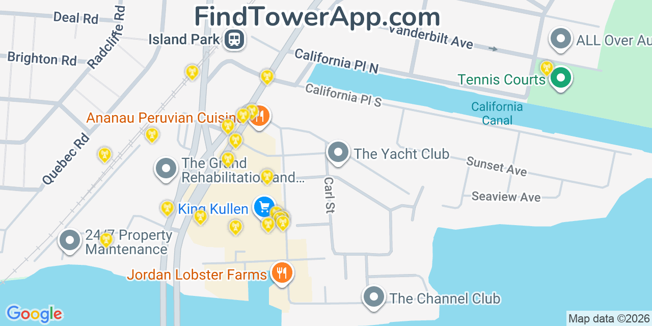 Map showing the 20 primary cell tower locations detected in Island Park, New York from AT&T, Verizon, and T-Mobile networks